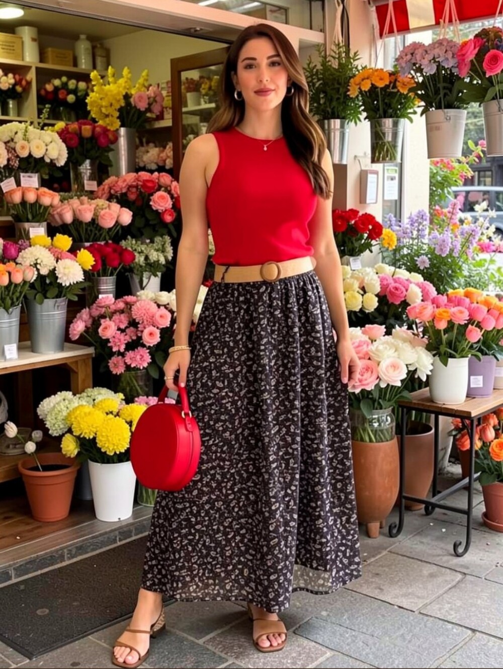 L🍀Black Floral Maxi Skirt with belt* Lightweight Spring Summer Outfit